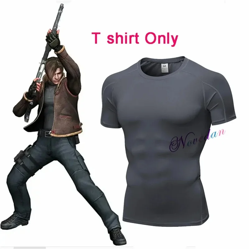 ( # ^.^ # Nouveau 2026 Biohazard Re4 Remake Leon Kennedy Veste T-shirt Fantasia en Similicuir Costume de Cosplay Accessoire Halloween →_→VOIR MON PRODUIT