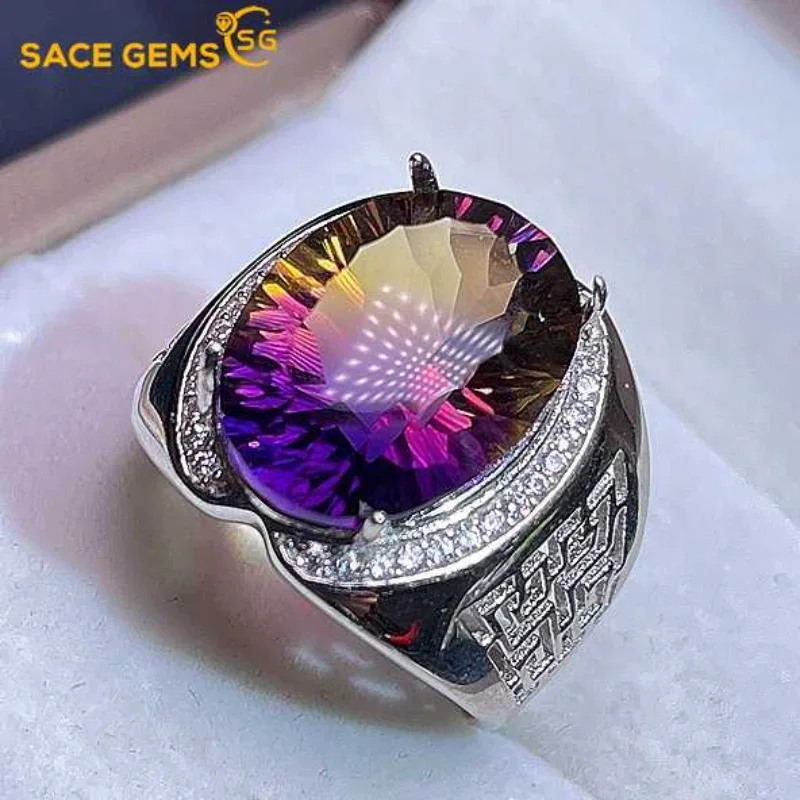 

SACE GEMS Fashion Resizable 12*16MM Natual Ametrine Rings for Man 925 Sterling Silver Wedding Party Fine Jewelry Festival Gift