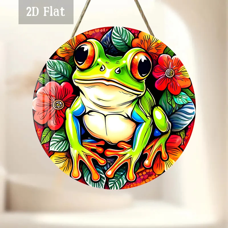 2D Flat, 1pc /East Asian Retro Frog & Tropical Woodblock Wall Art - Round Wooden Panel Suitable for Home, Cafe, Decor, Vibrant F