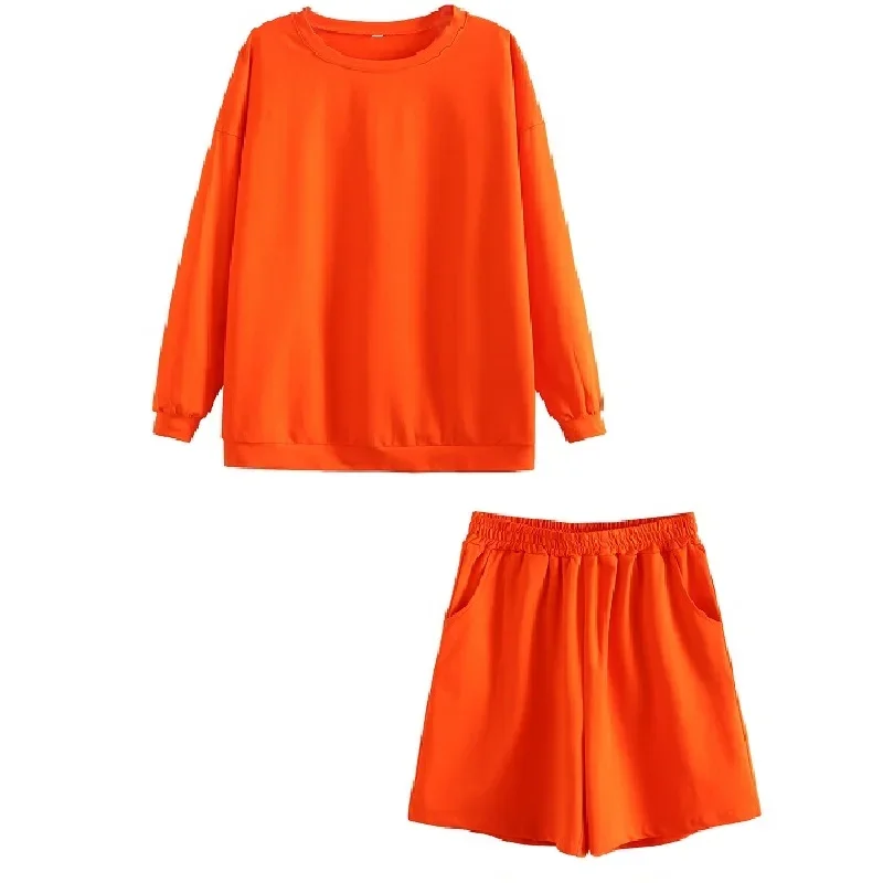 Tangada 2022 Summer Cotton Tracksuits Couple Solid Color Two Piece Set O-neck Sweatshirts and Shorts 6L30-1