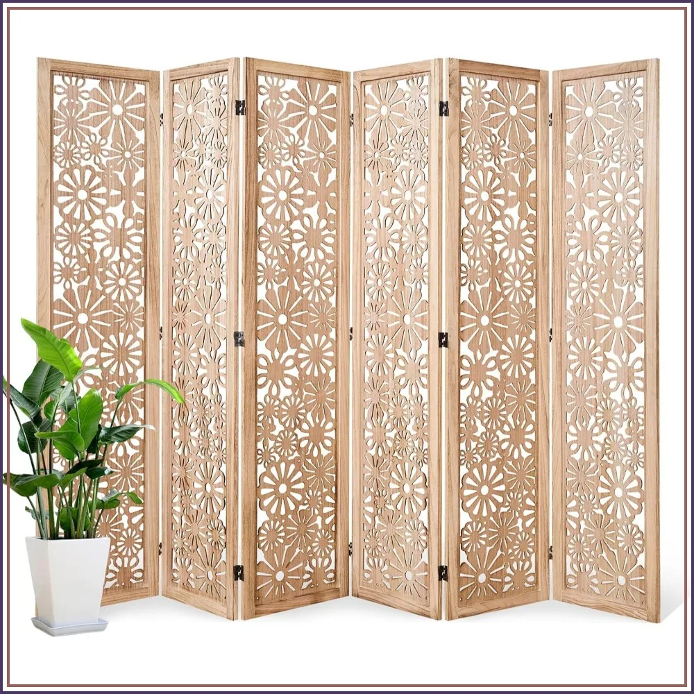 Folding Wood Room Divider 67in Daisy-Carved Privacy Screen, No-Assembly, 4 Panels, Home Office