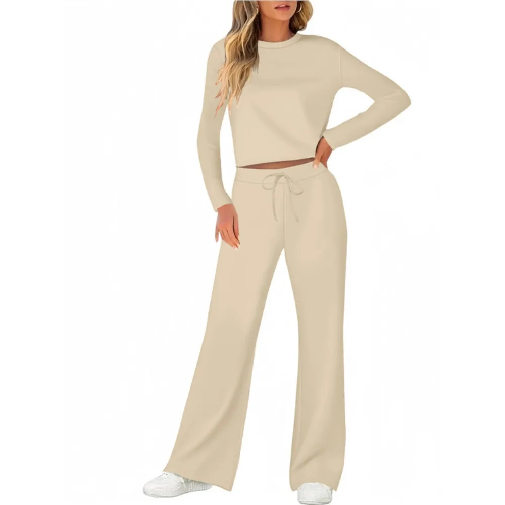 

2025 женский простой базовый костюм, повседневный спортивный комплект, однотонная тонкая футболка с длинными рукавами, короткий топ + широкие брюки, комплект из двух предметов