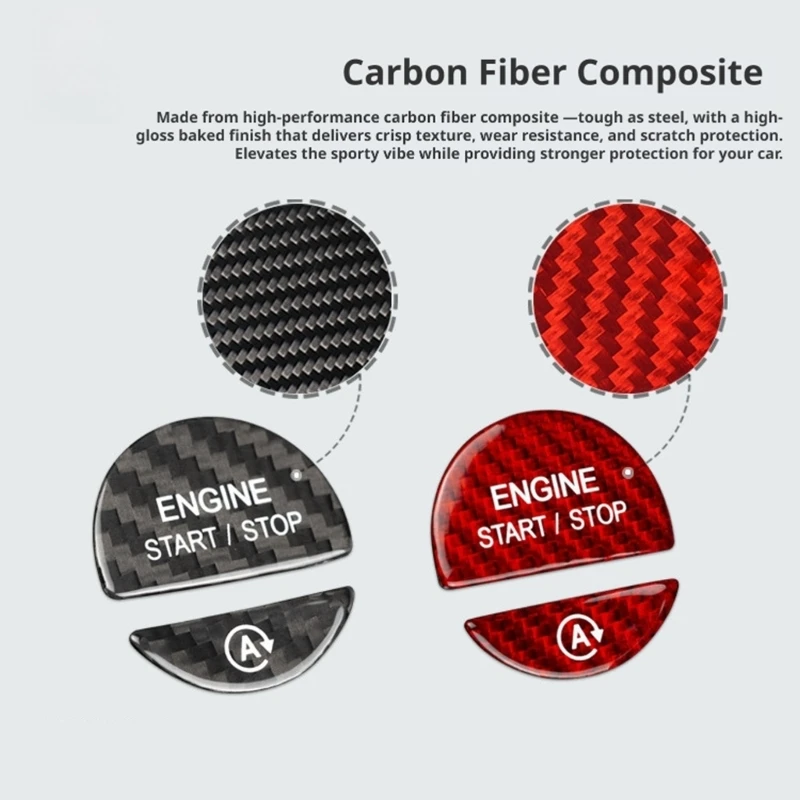 Cabin Detail Start Button Cover Trim with Carbon Fiber Look Finish and Adhesive Layer for Car Dashboard Area Use