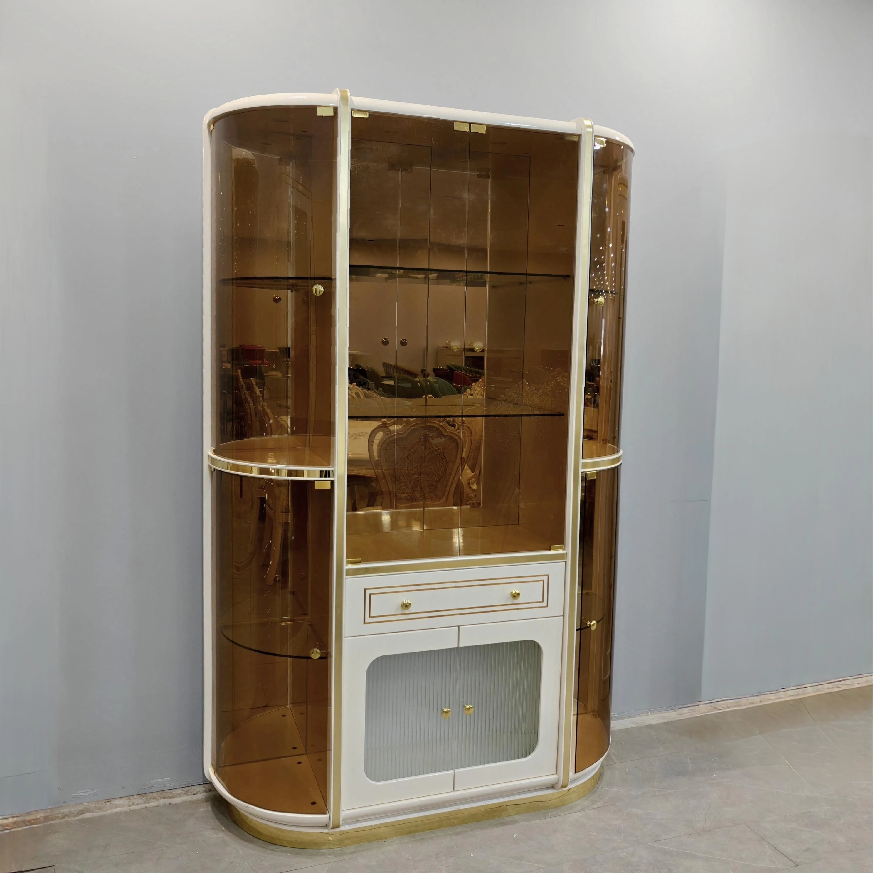 Modern Elegant White & Gold Trim Wine Cabinet Light Luxury Curved Glass Corner For Home Wood Panel Style