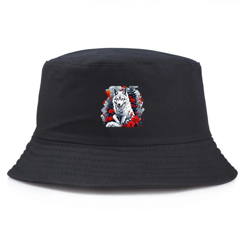 Wolf Print Bucket Hat Cotton Fisherman Cap Y2K Vintage Graphic Casual Packable Sun Hat for Men Women