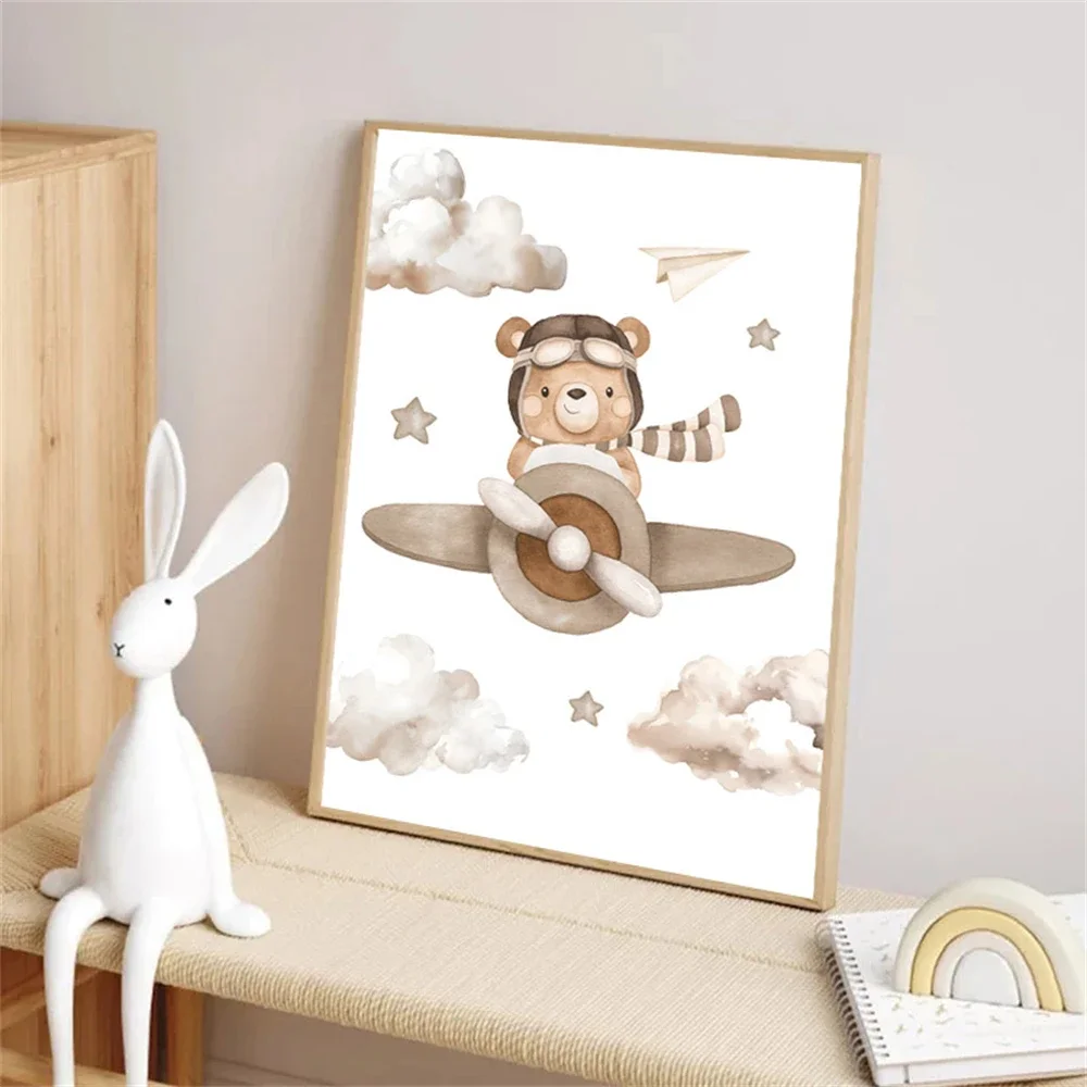 Cartoon Pilot Poster Kawaii Bear Canvas Painting Parachute Wall Art Print Nursery Posters Nordic Wall Pictures Living Room Decor