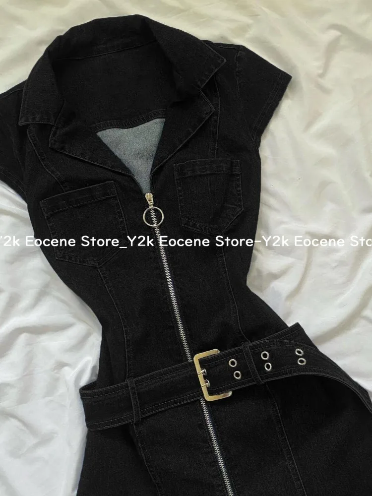 American Retro Black Denim Short Dress Women Summer Zipper Elegant Slim One Piece Dress Korean Fashion Design Casual Clothing - Image 3