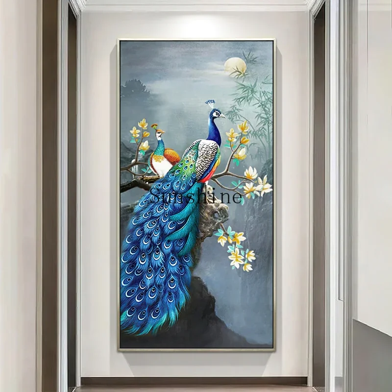 

New Chinese hand-painted oil painting peacock American hall vertical porch decorative painting