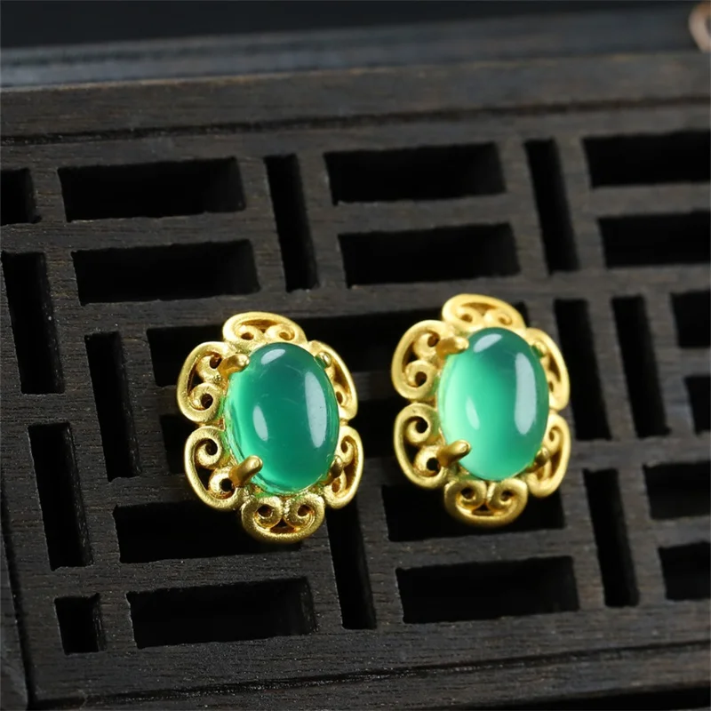 

Hot Selling Natural Hand-carved Jade Ruyi 24k Inlay Ancient Method Earrings Studs Fashion Jewelry Accessories Women Gifts1