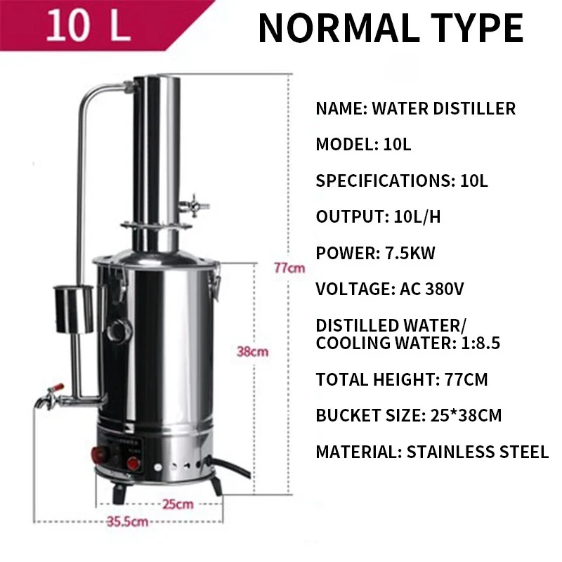 380V 7.5KW Stainless Steel Water Still – 10L/h Lab Distillation Equipment with Boiler & Condenser System