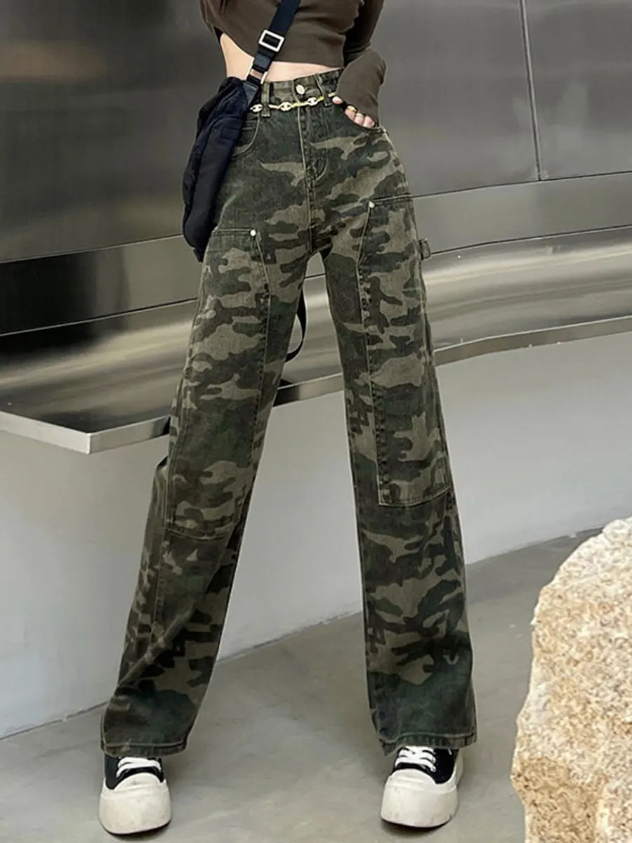 

Camouflage Workwear Pants Women's High Waist Wide Leg Jeans Dyed Denim Trousers Straight Cut Trousers for Young Women