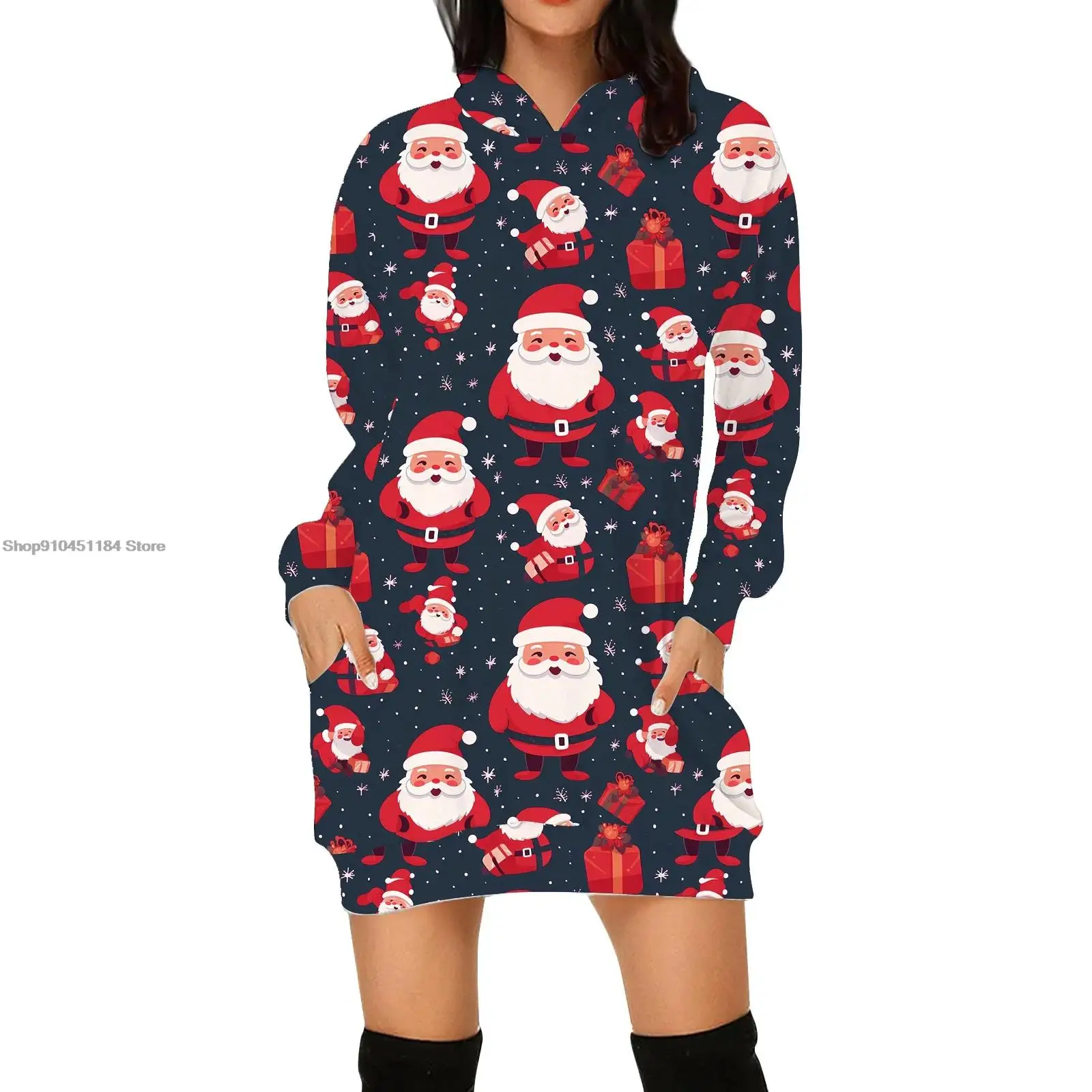 

Santa Claus Elk Print Dress Women Christmas Costumes Winter Long Sleeve Hoodie Vintage Fashion Women Casual Sports Hoodie Dress