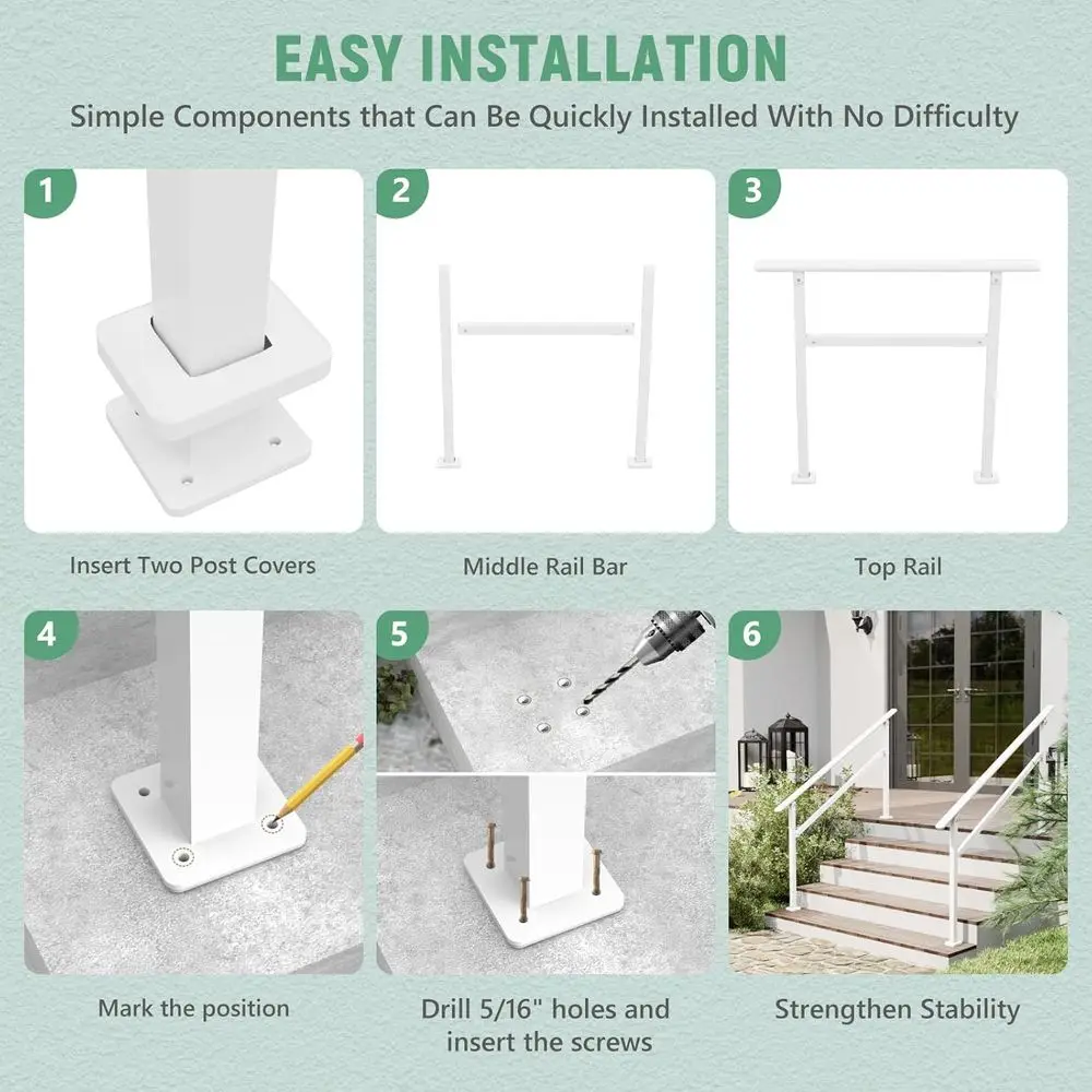 درابزين شرفة قابل للتعديل من 4-5 خطوات لكبار السن، درابزين للسطح الخارجي، أبيض
