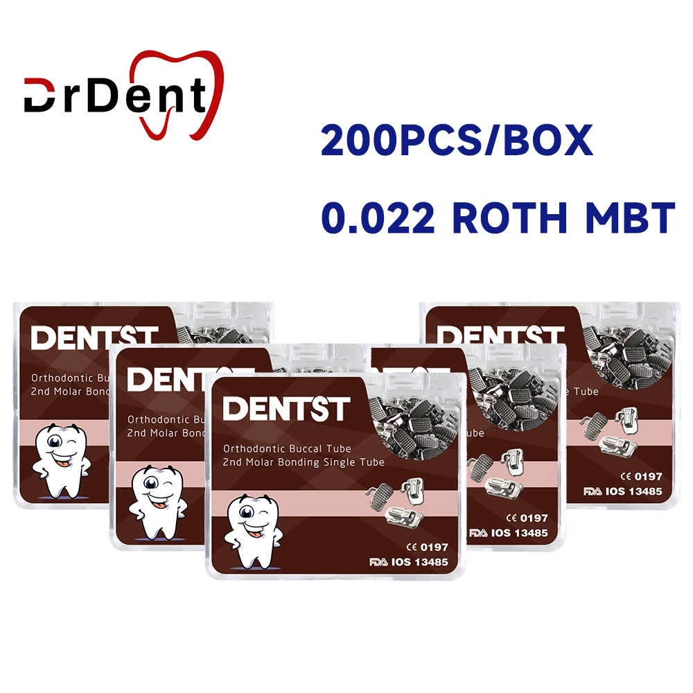 200Pcs/Box Dental Orthodontics Buccal Tubes 1st 2nd Molar Bondable Monoblock Non-Convertible Base Roth / MBT 0.022