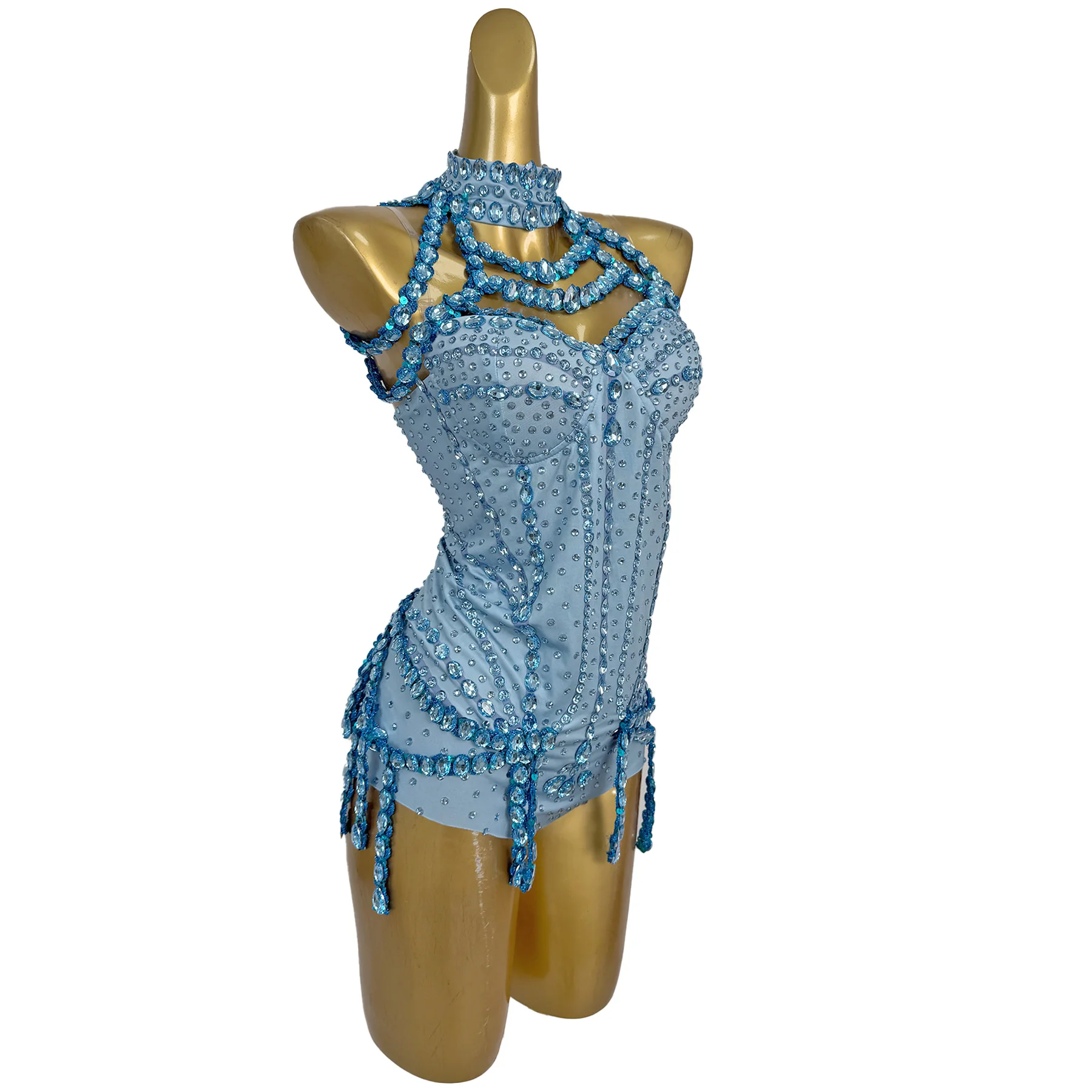 Tianlan مثير بار نادي الأداء زي الأزرق حجر الراين حمالة بذلة مع سلسلة عنق المرأة كوكتيل حفلة موسيقية اللباس