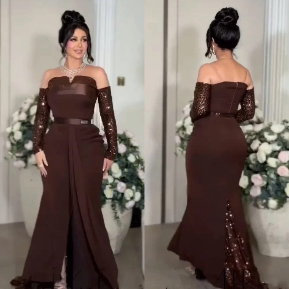 Customized Sparkle Jersey Sequined Pleat Sash Trumpet Off-the-shoulder Long Dresses Bespoke Occasion Exquisite Chinese Style