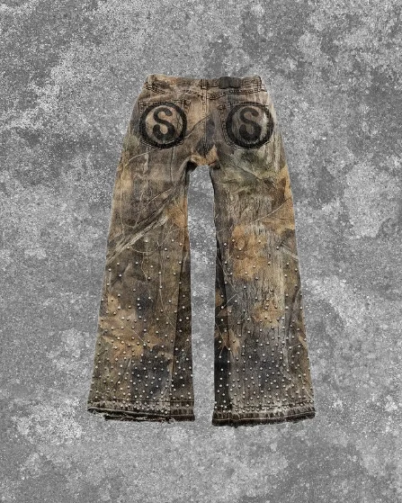 الشارع الشهير خمر ورقة التمويه الجينز Y2K الرجال النساء الهيب هوب خطابات حجر الراين الترتر فضفاض الجينز منخفضة الخصر واسعة الساق بنطلون