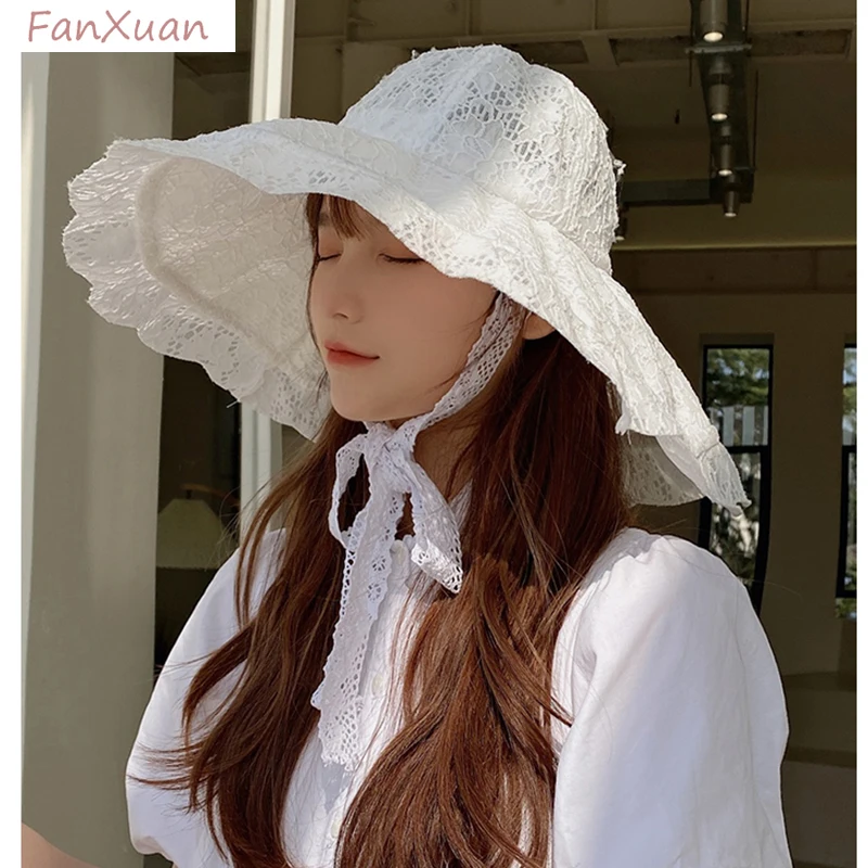 Summer Hats for Women Black White Lace Bucket Hat Beach Sunhat Large Wide Brim Anti-UV Summer Cap for Women