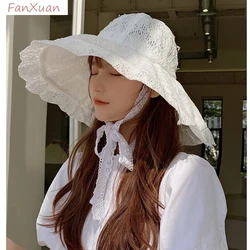 Summer Hats for Women Black White Lace Bucket Hat Beach Sunhat Large Wide Brim Anti-UV Summer Cap for Women