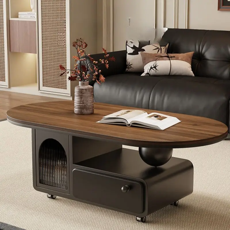 AJUNION Elliptical Cart Coffee Table Aesthetic Design Living Room Center Table Wooden Coffee Table With Wheel Base Roller