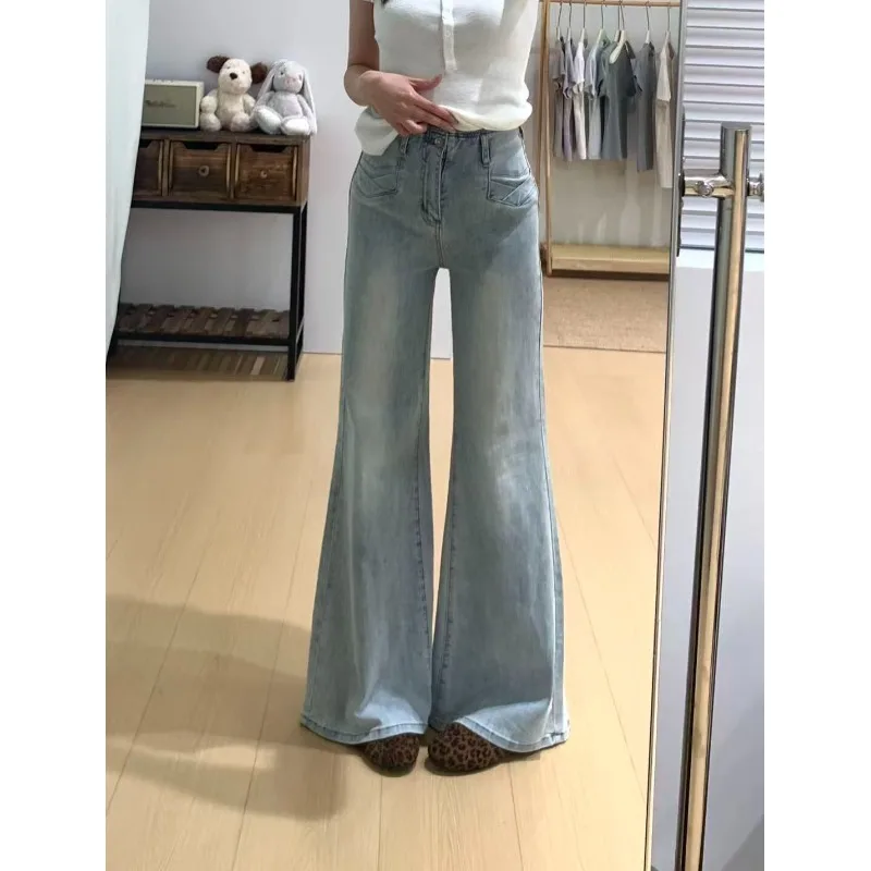 Women Petite Light Blue Stretch Flare Jeans High Street Design Loose Slim Fit Versatile Horseshoe Bootcut Denim Pants