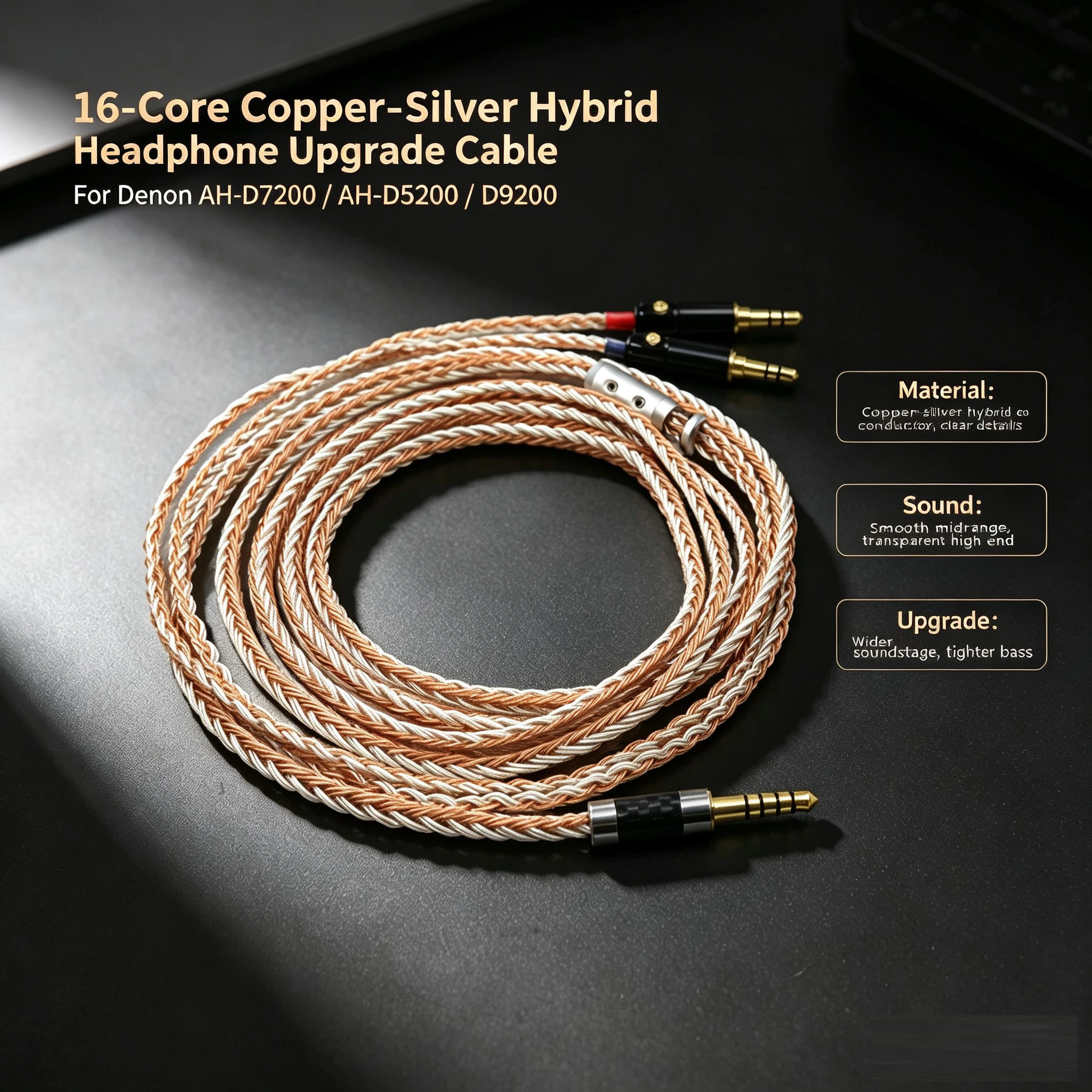 16 Cores  2.5 4.4mm 4 pin Xlr Headphone Earphone Cable For Dual 3.5 Hifiman Ananda Sundara he400 Denon AH-D7200 AH-D5200 d9200
