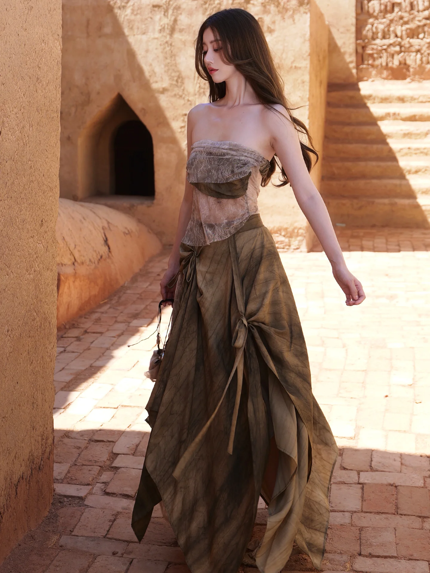 

ONMOON Plant Print Lace Tie Dr Romantic Holiday Sle Two Piece Set Summer Soft Viscose No Stretch a Line Skirt Dr