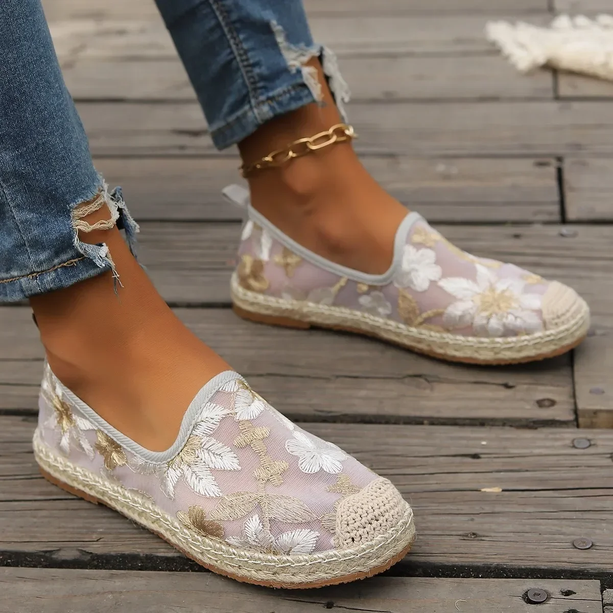 Large Size Single Shoe Women\'s 2024 Summer New Lace Mesh Hollowed Out Women\'s Flat Bottomed Fisherman\'s Shoes flat shoes women
