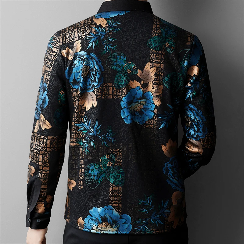 Premium Velvet Shirts For Men Long Sleeve Floral 3D Print Casual Winter Thick Quality Soft Comfortable Fashion Camisas De Hombre