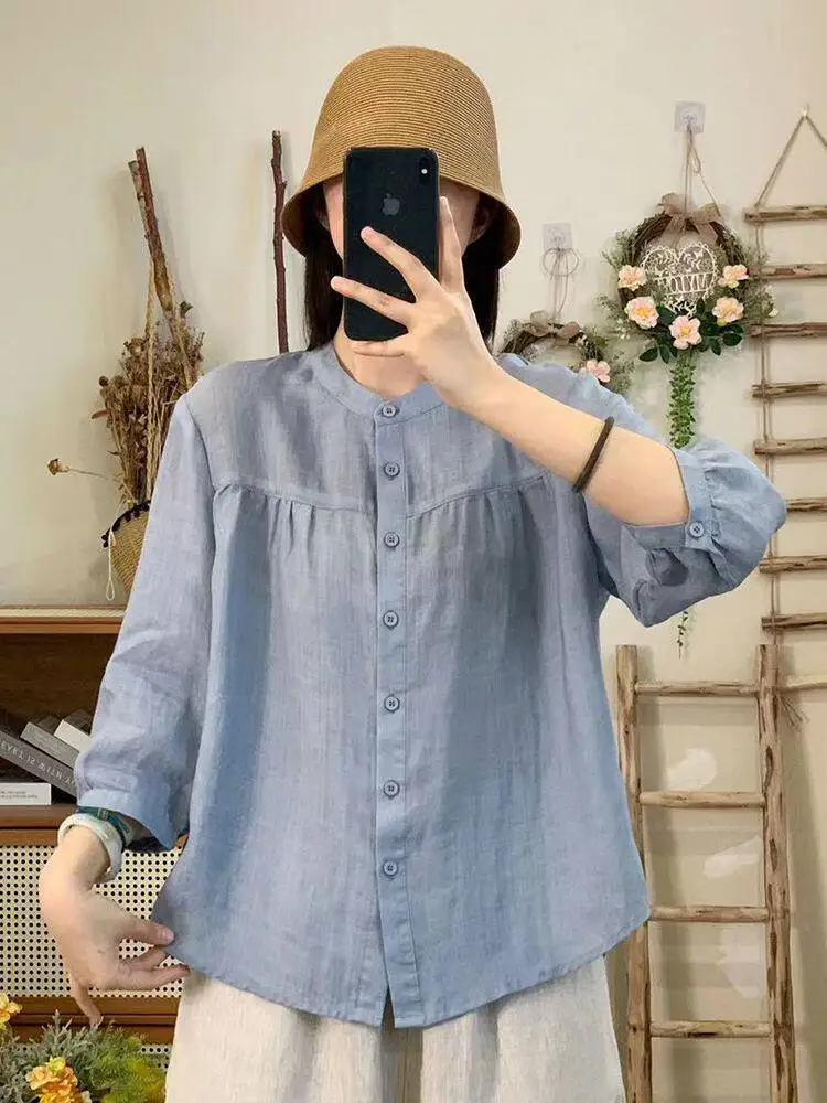 Women's Cotton Linen Shirt Summer Thin Fashion Casual Retro Art Pure Color Design Seven-Quarter Sleeve Top Breathable Skin-Fr...