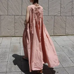 Summer Loose High Waist Draped Design Vestidos O Neck Backless Bow Lace Up Dresses Japan Style Solid Sleeveless Dress Women