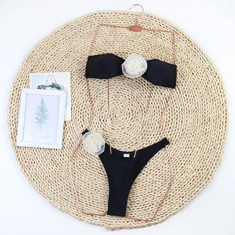 Teengweng 3D Flower Sexy Bikini 2024 Black Swimsuit Women Swimwear Push Up Bikini Set Bandeau Bathing Suit Beachwear Swimming