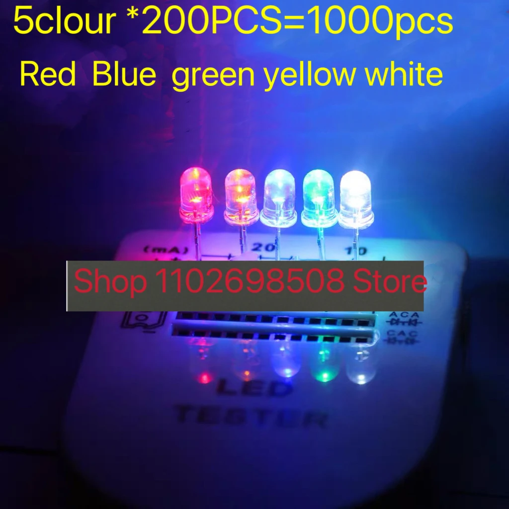 1000PCS=5 colour*200pcs Transparent Cover F5mm/3mm White Red Blue Green Yellow LED Light-Emitting Diode Water Clear Assorted Kit