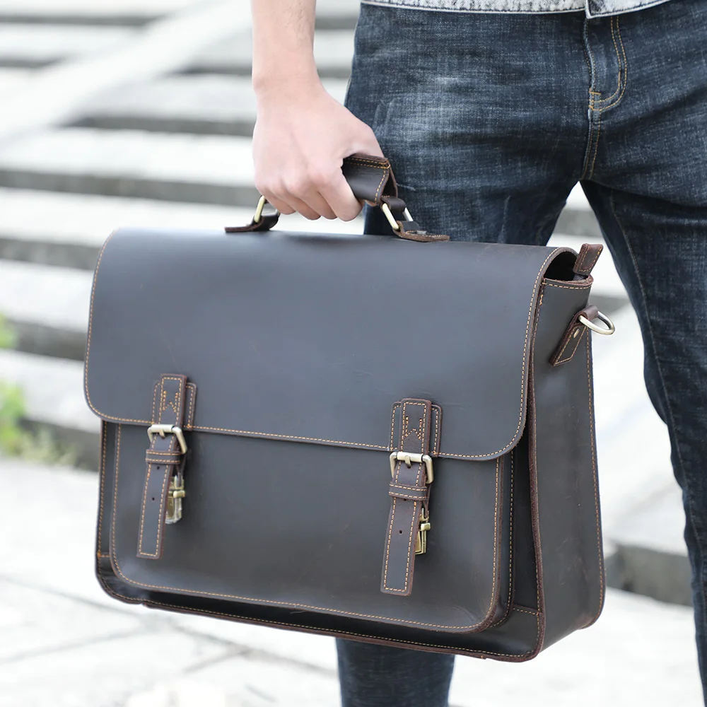 S.WORKER Retro Vollnarbenleder-Handtasche für Herren | Klassische Business-Aktentasche – Detail 5