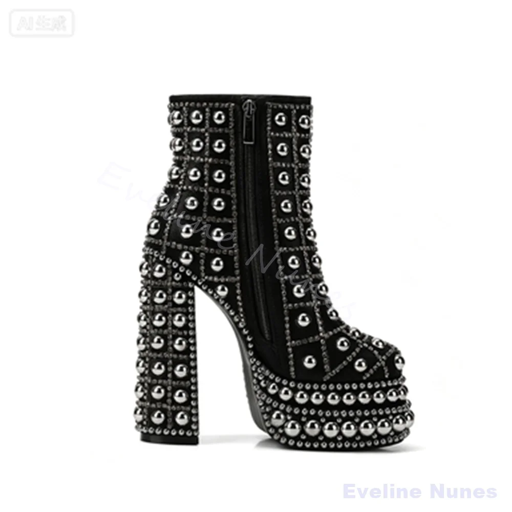 New Pearl Rivets Platform Ankle Boots Women Round Toe Chunky Heel Short Boots Punk Nightclub Performance Fashion Black Boots