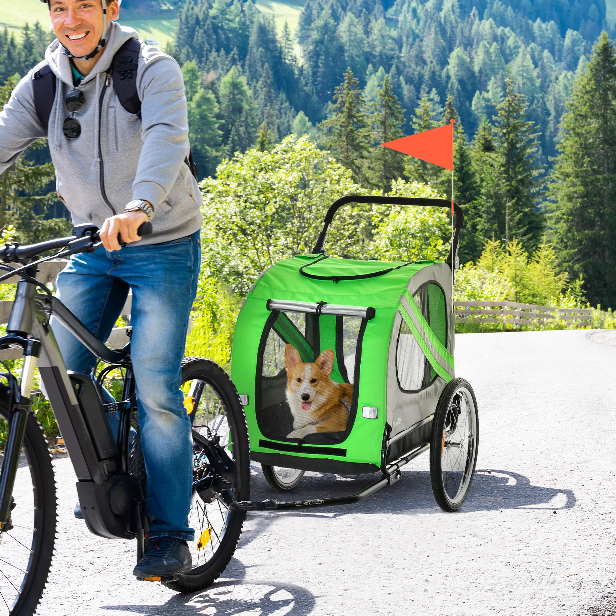 PawHut bicycle trailer dogs with flag doors and 6 green reflectors