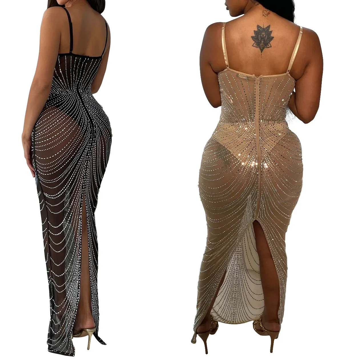 파티 스팽글 드레스 여성 우아한 칵테일 슬링 2025 브이 넥 블랙 드레스 슬릿 이브닝 드레스 파티 드레스 메쉬 일반 베스 티드