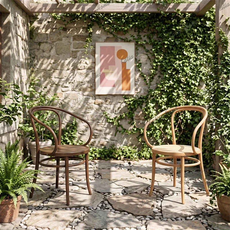LSSolid Wood Rattan Armchair Japanese Leisure Backrest Kitchen French Restaurant Home Dining Chairs Makeup Chair Simple Design