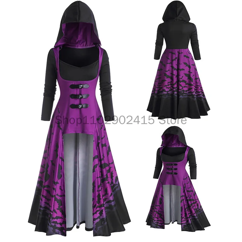 

2023 European and American Women's Mid-length Cloak Printed Bat Leather Buckle Dress Medieval Vintage Halloween Cosplay Costume