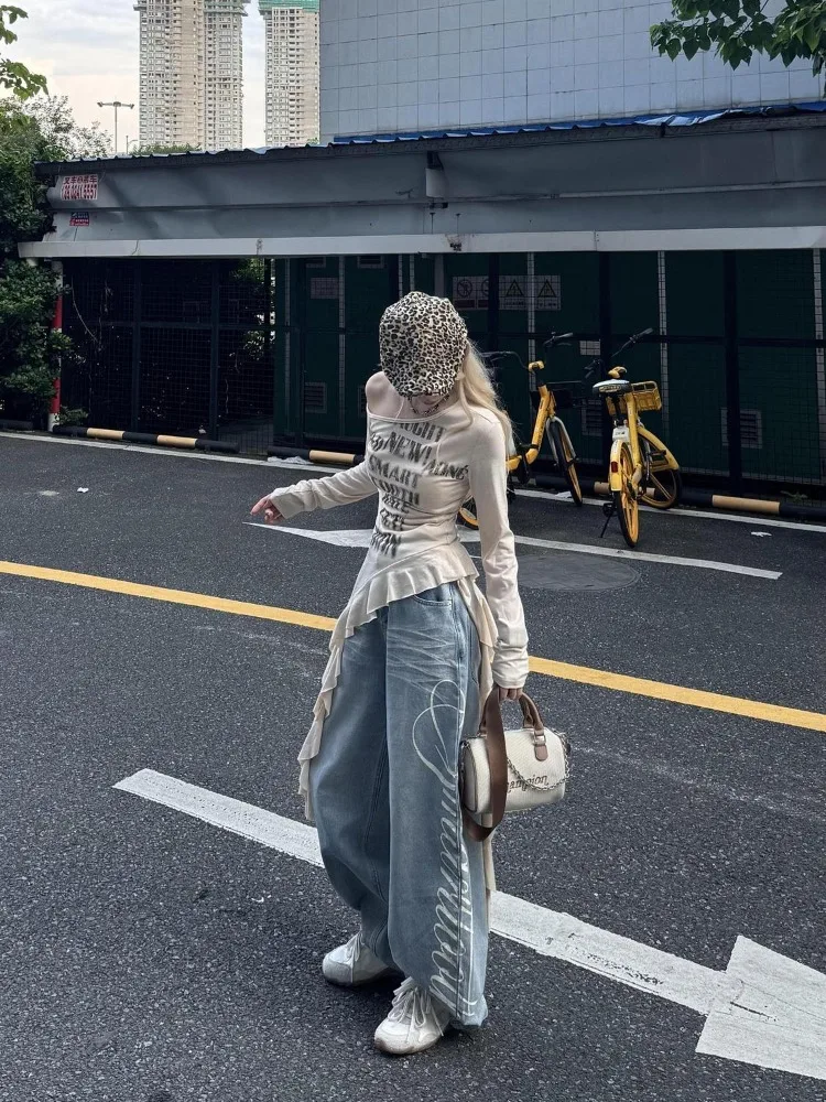 Women's Light Blue Letter Print Wide Leg Retro Jeans Casual Young Girl Straight Pants Female High Waist Baggy Denim Trousers