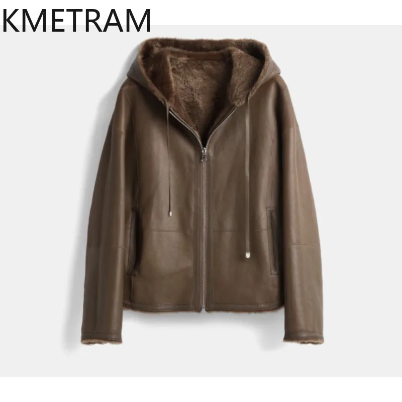 KMETRAM Reversible Spanish Lacon Sheep Shearling Fur Coat with Hood Real Fur Jacket Women Winter Coats Warm Outerwear Fourrure