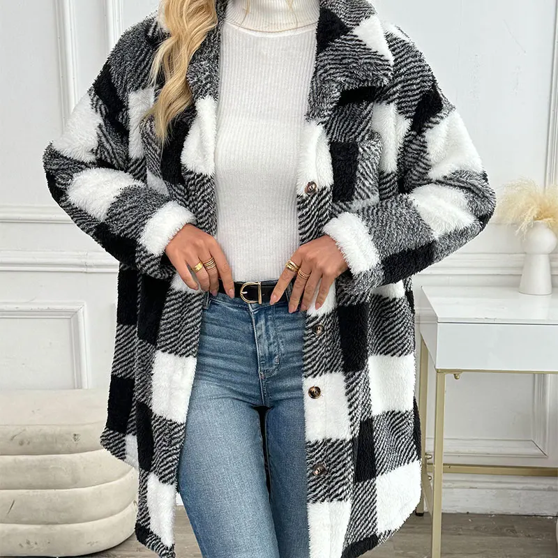 Fashion Women\'s Coat Winter New Streetwear Pockets Plaid Suit Collar Button Elegant Trench Coat Slim Versatile Female Clothing