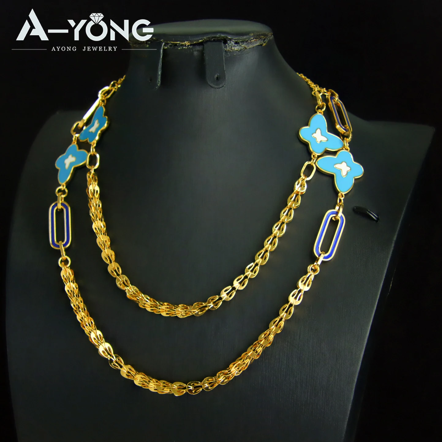 Arabische Mode Lange Halskette 21k Vergoldet Dubai Geometrischer Schmetterling Charm-Halsketten Oman Frauen Braut Hochzeit Party Schmuck