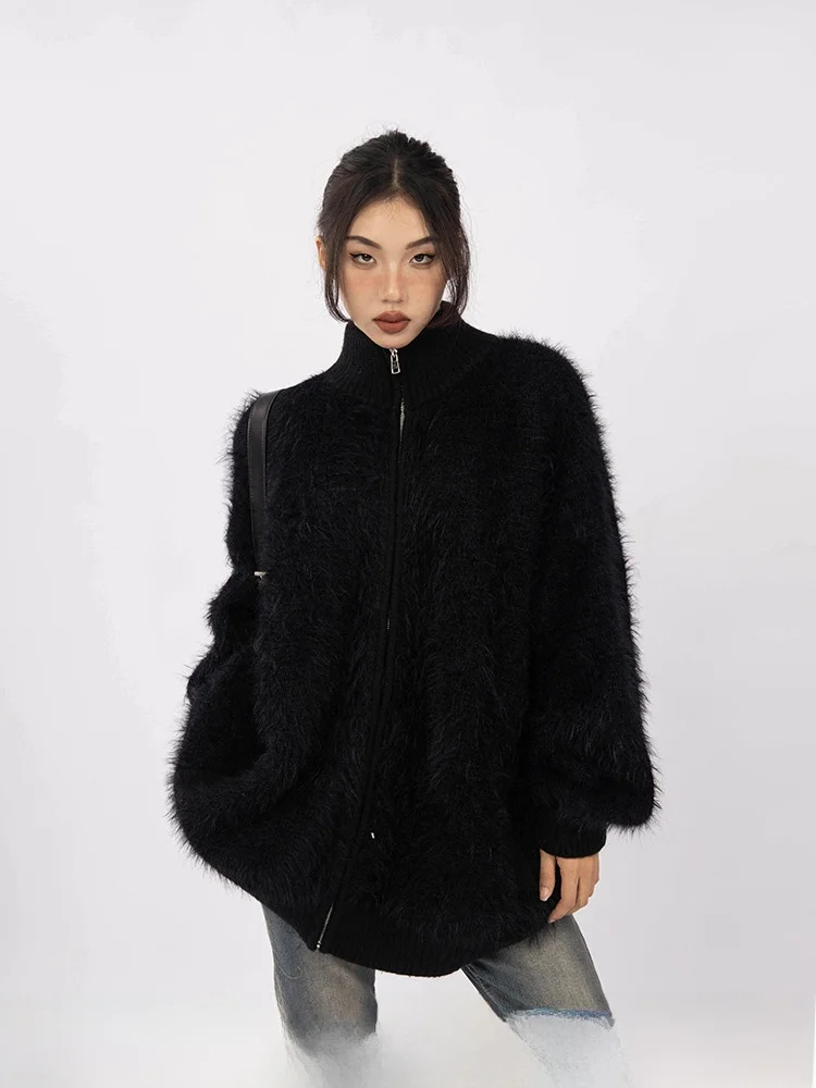 

Young Stage Women's Mink Knit Cardigan Sweater Soft Cozy Autumn Winter High End Feel Zipper Closure Long Sve Warm Thermal