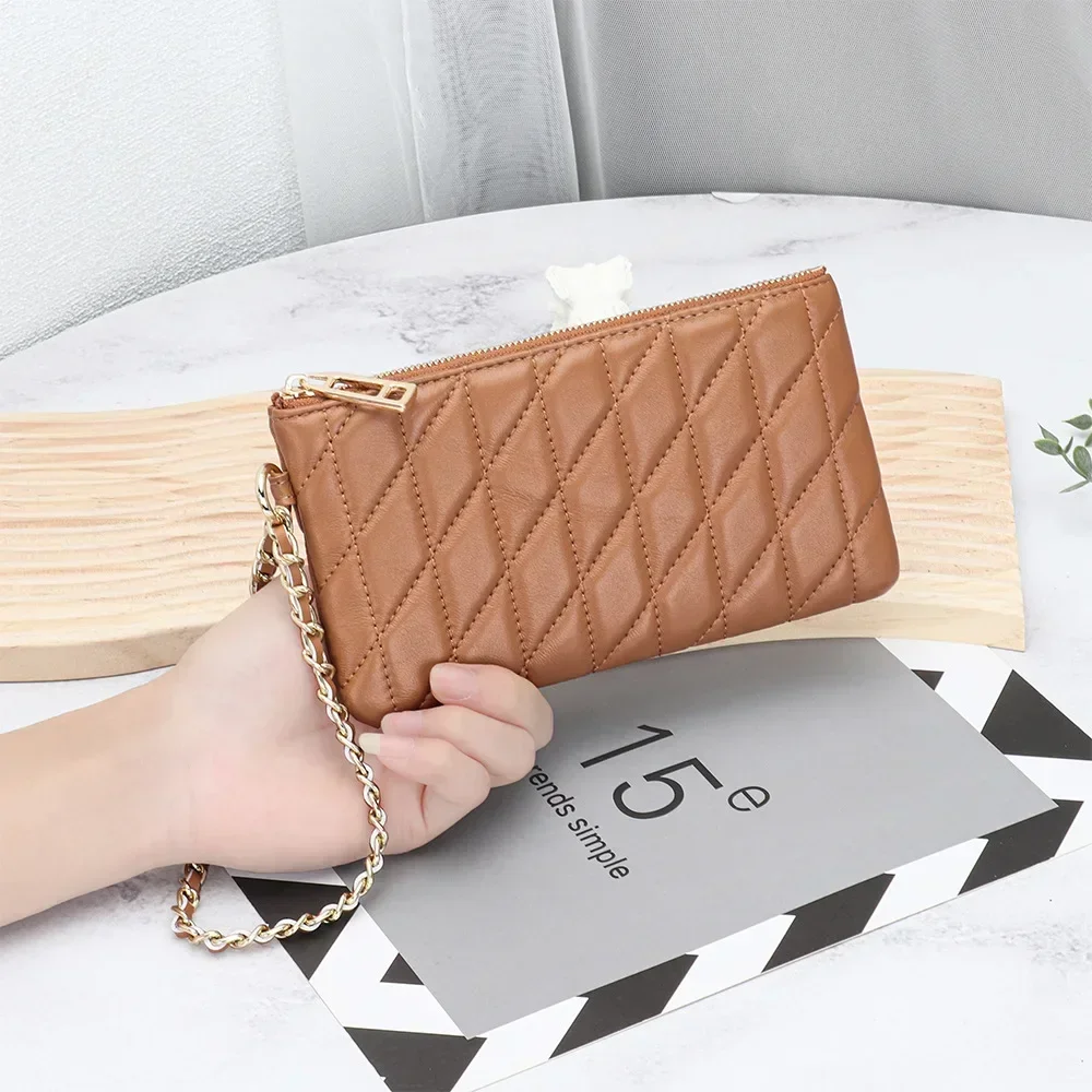 Leather clutch bag Women's Diamond check fashion embroidered long wallet Multi-functional mobile phone storage chain wallet
