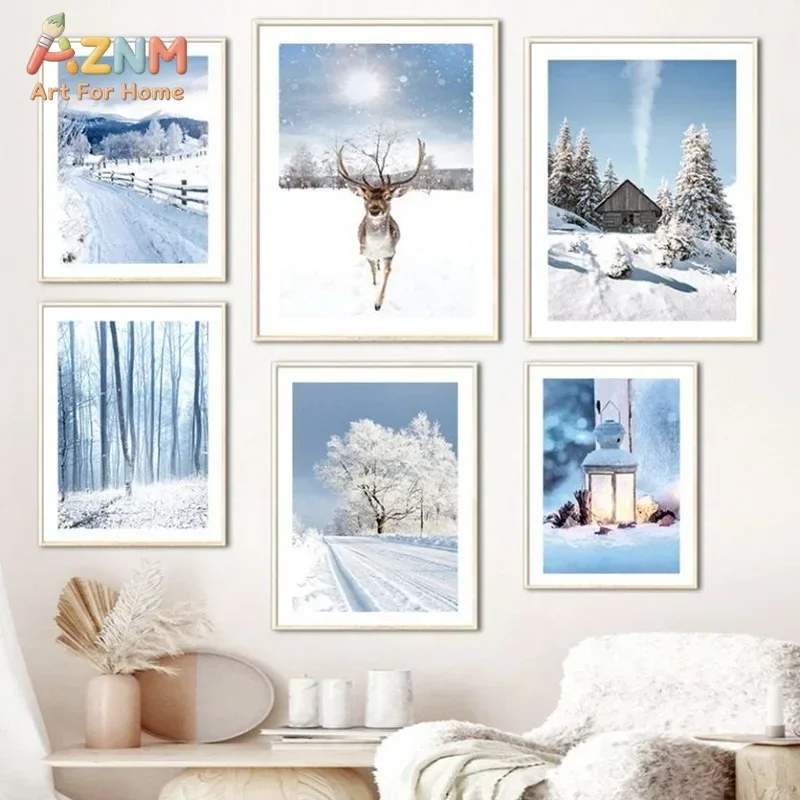 AZNM Winter Snow Landscape Canvas Poster Deer Forest Cabin Lantern Wall Art Print Living Room Holiday Home Decor Unframed Painti