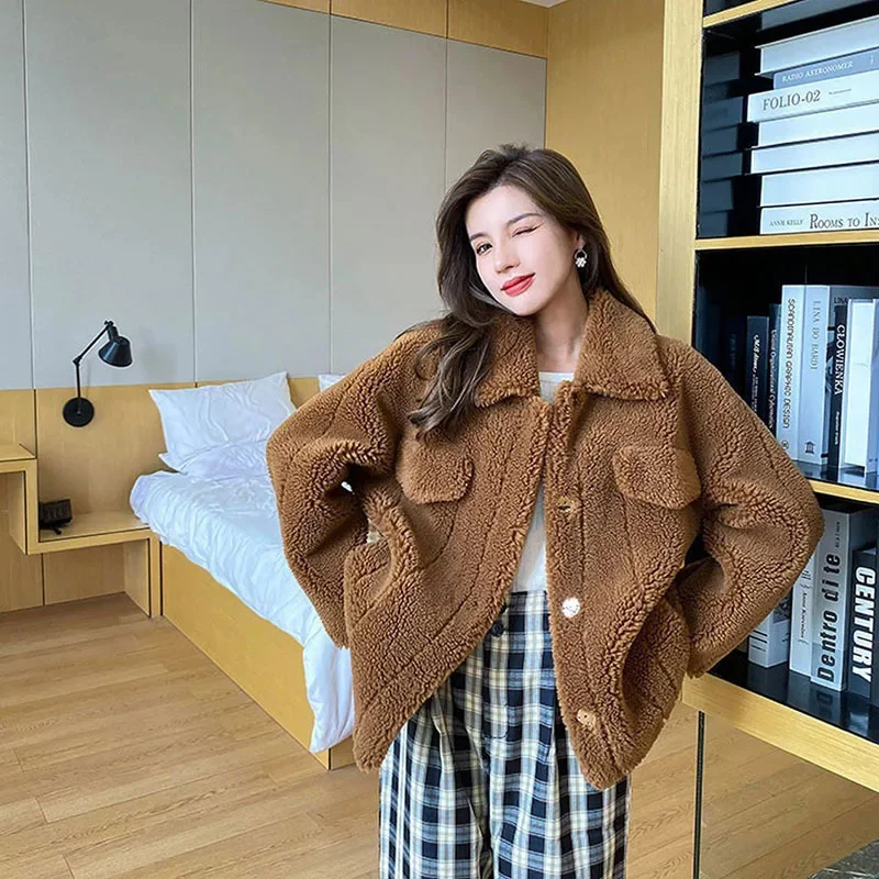 

Winter Women Short Sheep Shearing Fur Jacket Brown White Camel Female Thick Warm Faux Coat Lapel Long Sleeve Outwear
