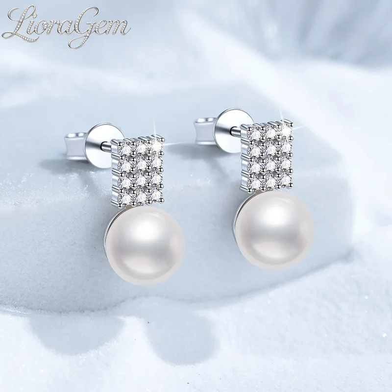 

LioraGem Luxury Geometric Sugar Cube Full Diamond Stud Earrings, 8mm Freshwater Pearl and Moissanite Stud Platinum PT950 Stamp