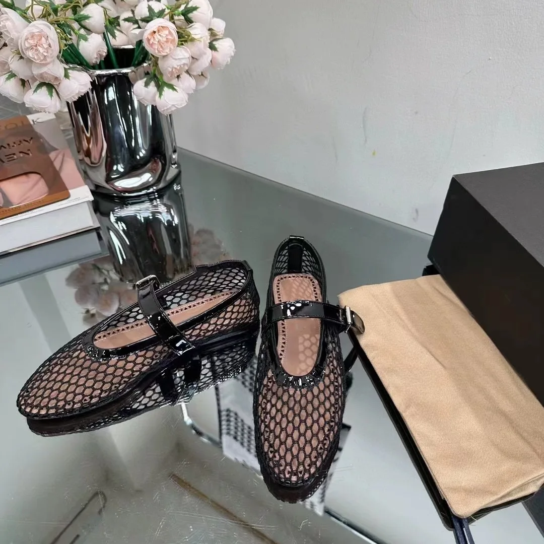 2023 New Foreign Trade Show Shoes High Setting Mesh Small Leather Shoes Ins Small Design Round Head Ballet Single Shoe Sandals