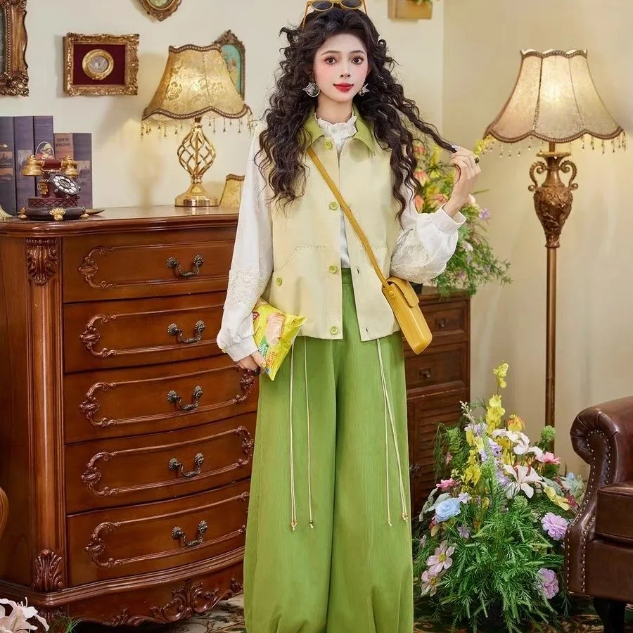 Unique Beautiful Lace Shirt Green Sleeveless Vest High Waist Wide Leg Pants Slimming Early Spring Three-piece Set Women's Fas...